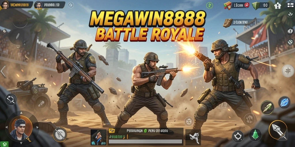 Screenshot gameplay MEGAWIN888 dengan aksi tempur Battle Royale yang mendebarkan.