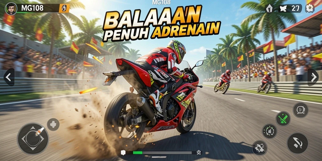 Tampilan gameplay MG108 dengan balapan motor yang mendebarkan.