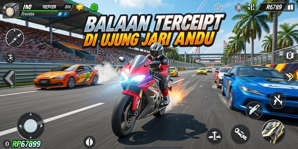 Tampilan gameplay yang menegangkan di RP6789 saat balapan motor.