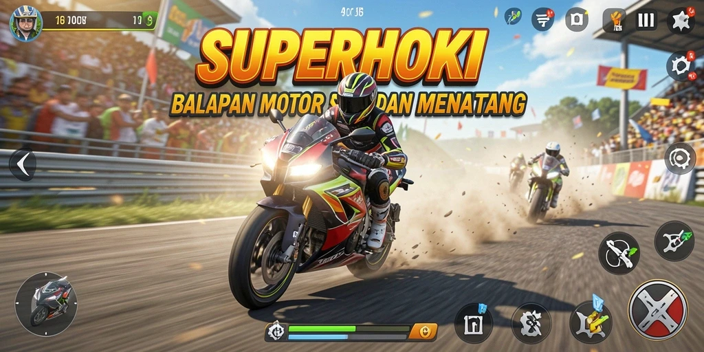 Gameplay mendebarkan di SUPERHOKI dengan balapan motor yang penuh aksi.